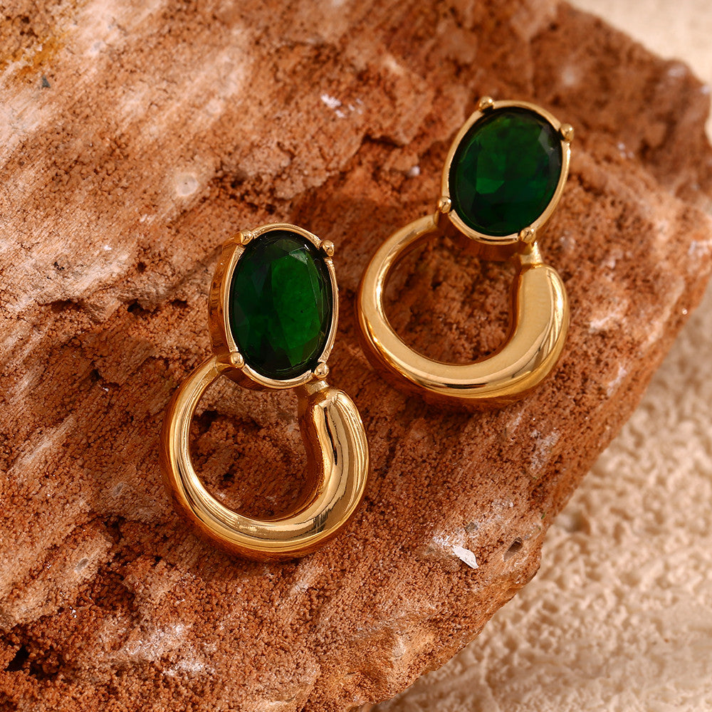 18k Gold Waterproof Oval Shape Green Zircon Classic Stainless Steel Earrings