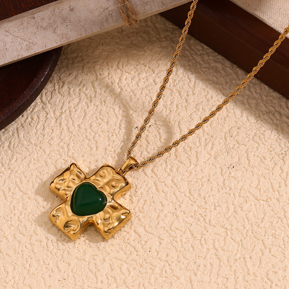 18k Gold Stainless Steel Hammered Pattern Heart Cross Agate Stone Pendant Necklace