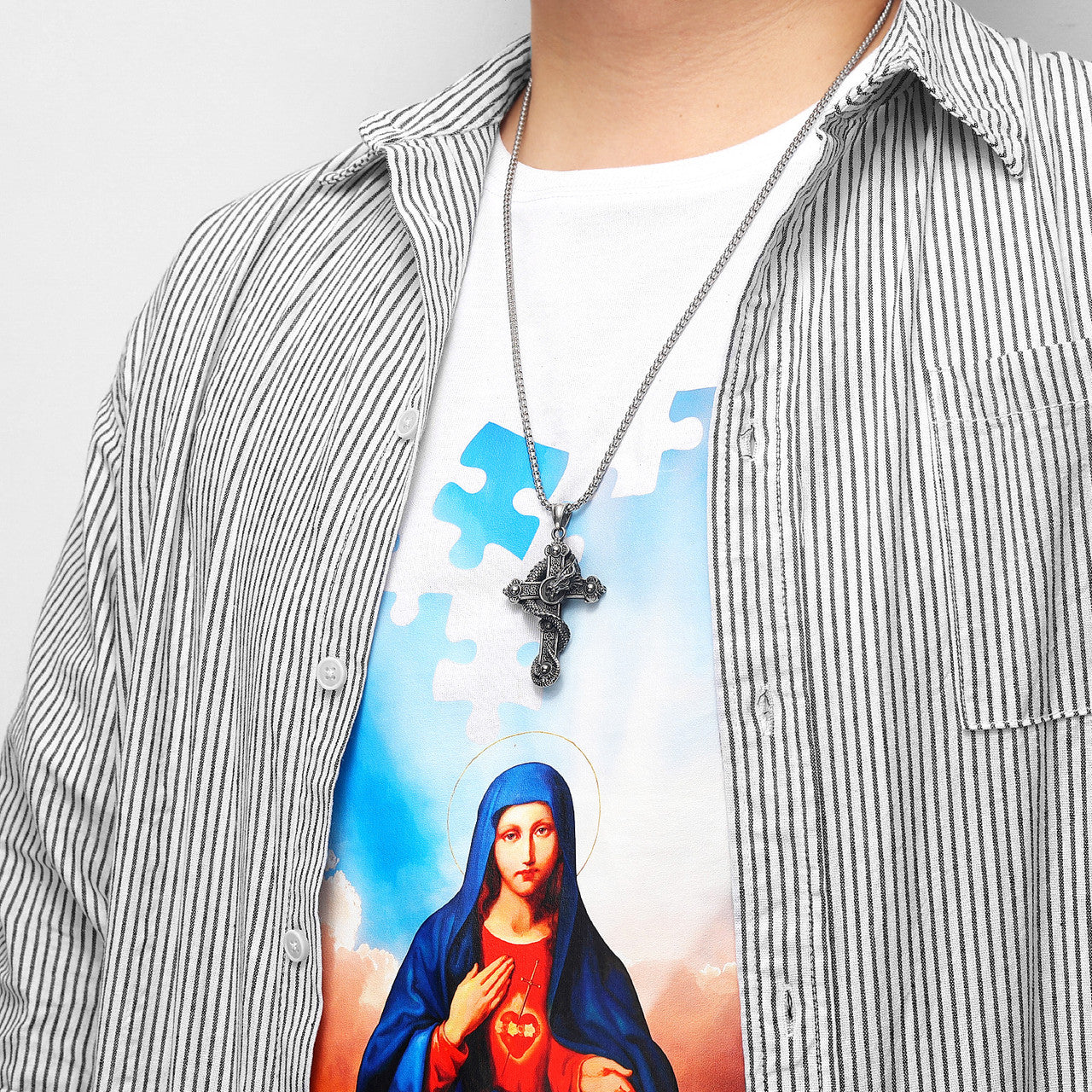 Mens Ancient Skull Head Dragon Cross Street Wear Pendant Chain Necklace