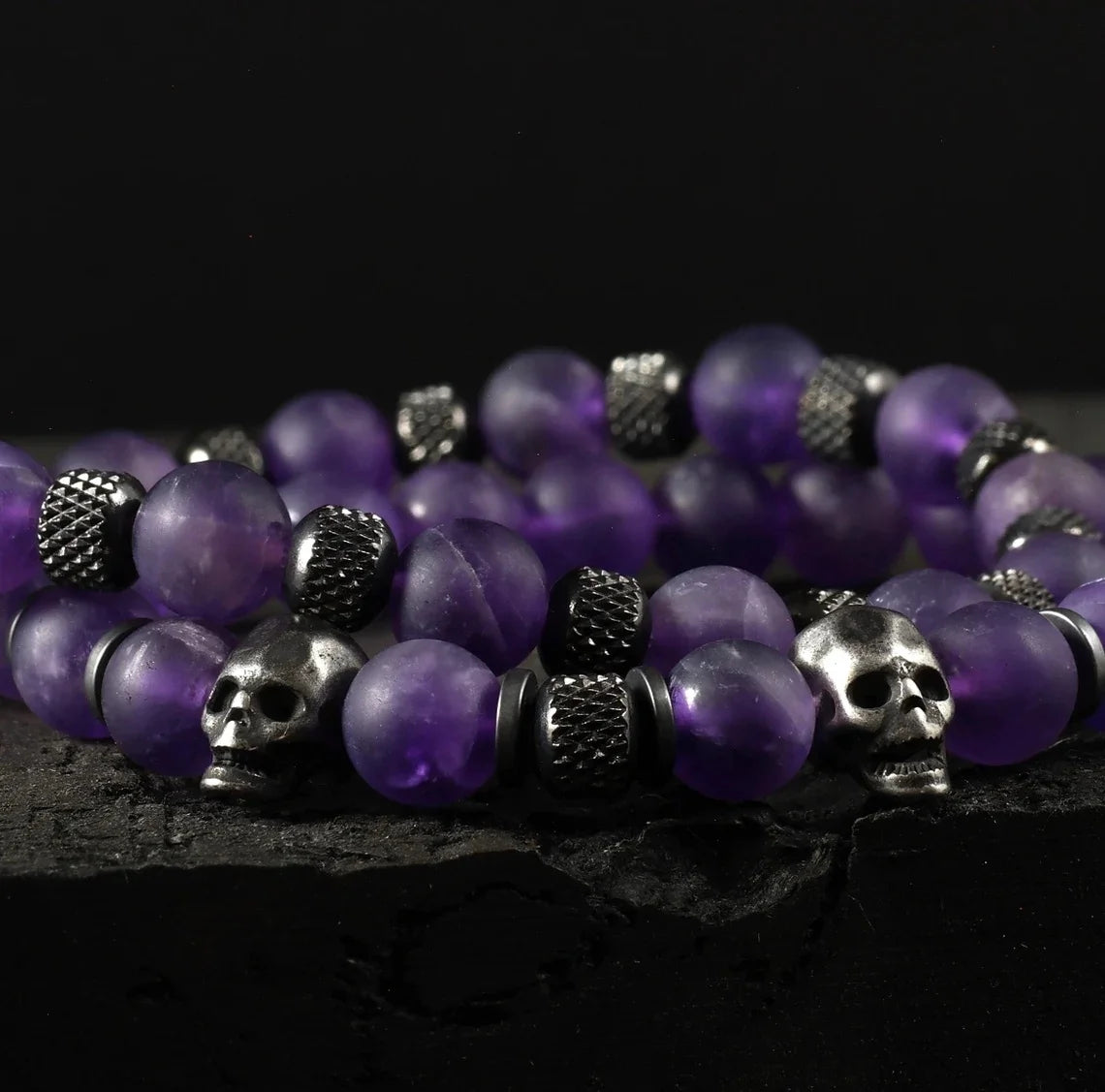 Skull Amethyst | Luxury 2pcs/Set Natural Amethyst Skull Beads Stretch Adjustable Bracelet