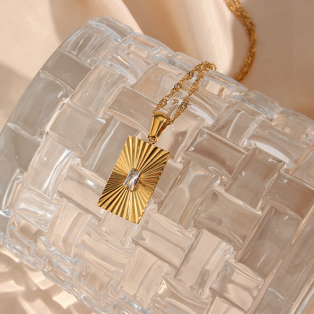 Sunburst 18k Gold Over Stainless Steel Waterproof Rectangle 316L Chain Necklace