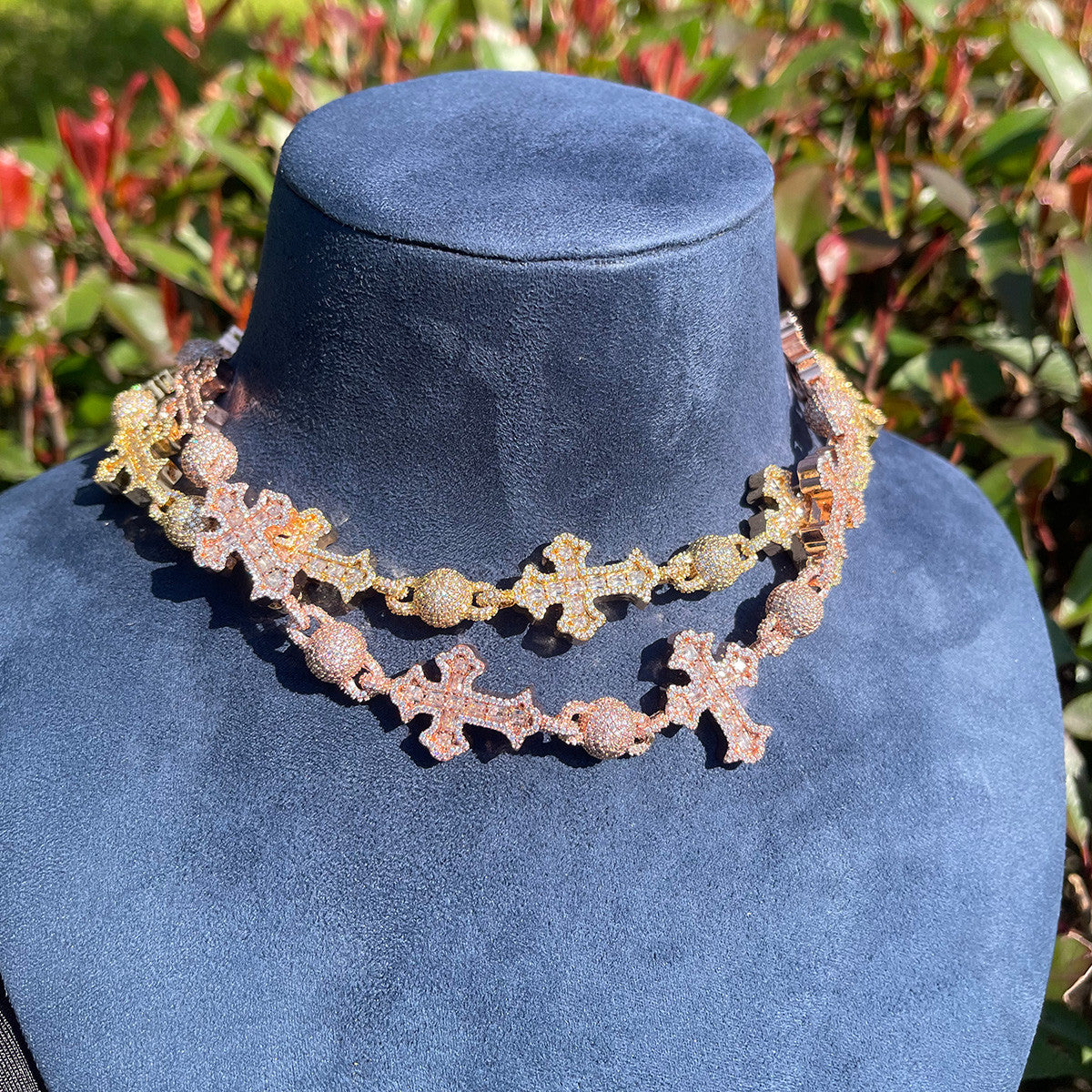 Iced Blinged Out Ancient Cross Ball Bead Link Hip Hop Chain Necklace