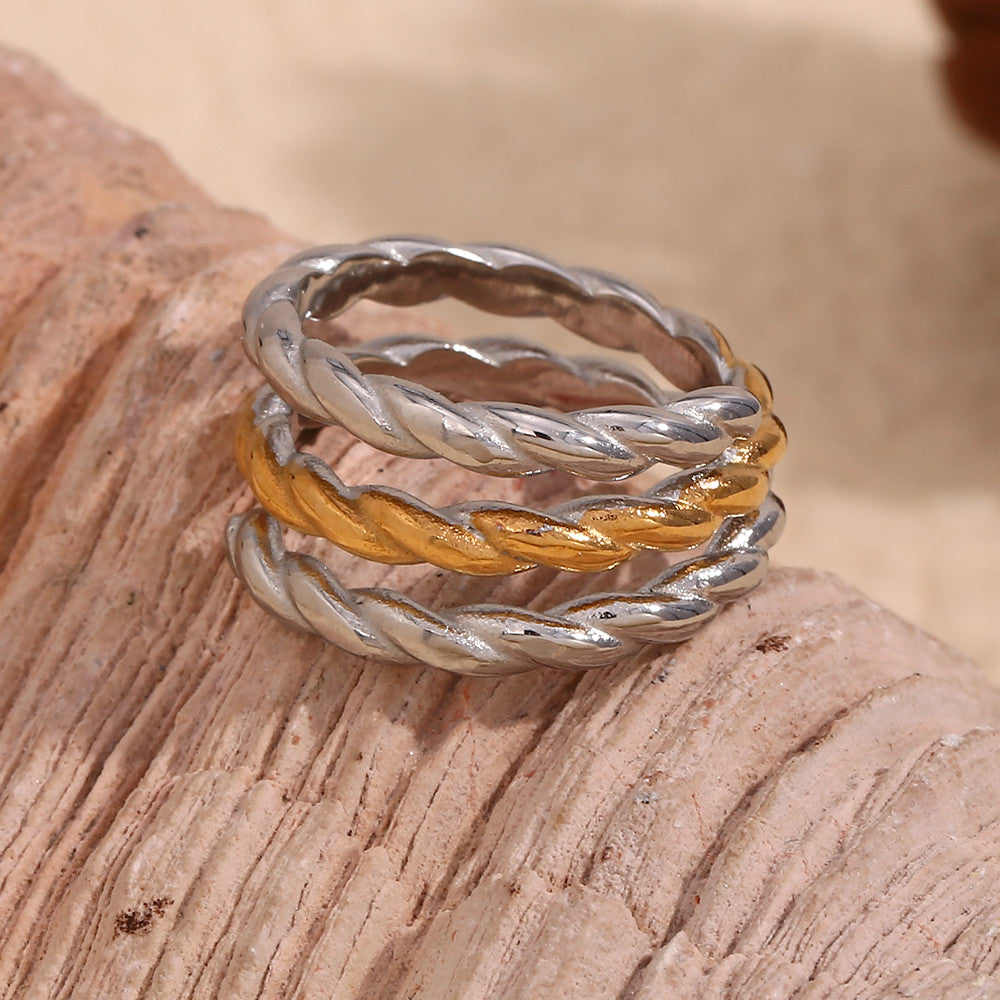 18k Gold Three Layers Twisted Opening Stainless Steel Tarnish Free Bling Ring
