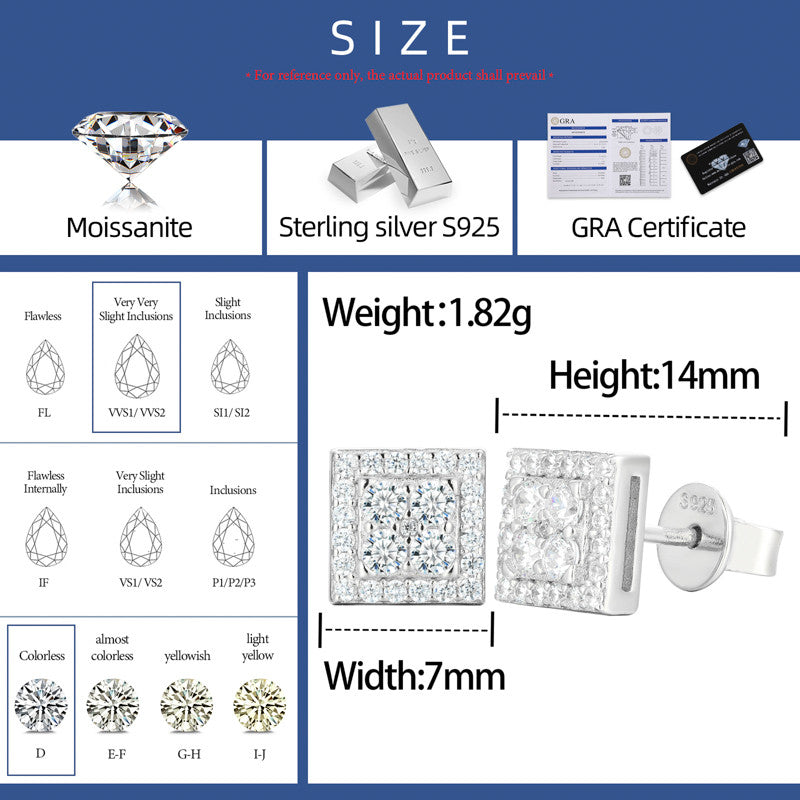 Solid 925 Sterling Silver Luxury Moissanite Diamond Square Stud Hip Hop Earrings