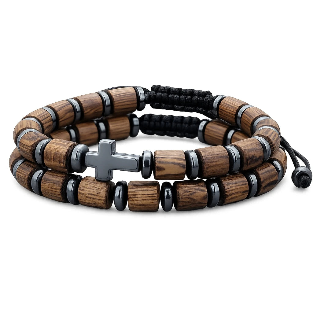 Divine Blessings | Handmade 2 Piece Natural Wooden Gallstone Meditation Cross Bracelet