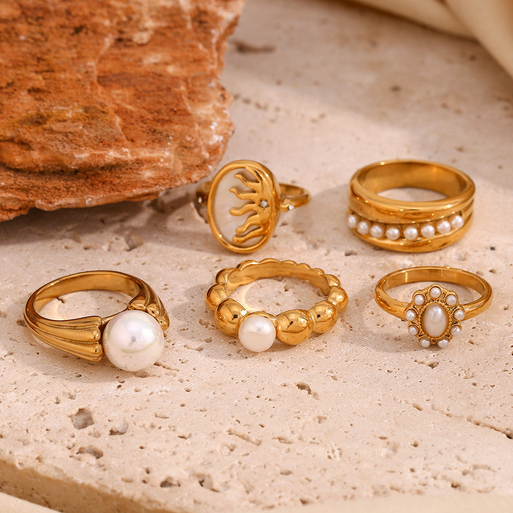 Elegant Imitation Pearl 18k Gold Water Resistant Stainless Steel Rings