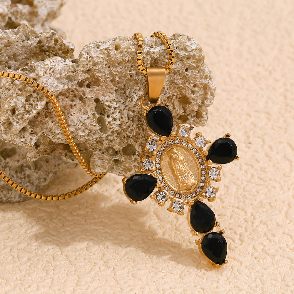 18k Gold Solid Stainless Steel Waterproof Virgin Mary Cross Pendant Necklace