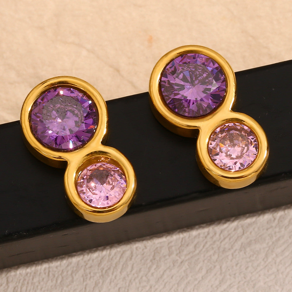 18k Gold Waterproof Stainless Steel Double CIrcle Pink Purple Ziron Stud Earrings