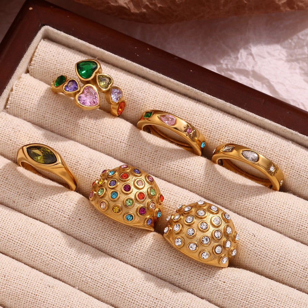 18k Gold Stainless Steel Tear Drop Rectangular Cubic Zircon Bubble Round Rings