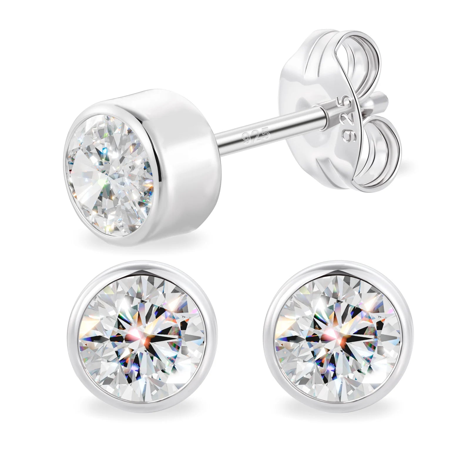 The Bezel | Round Moissanite Diamond Stud Bezel Set Solid 925 Screw Back Earrings