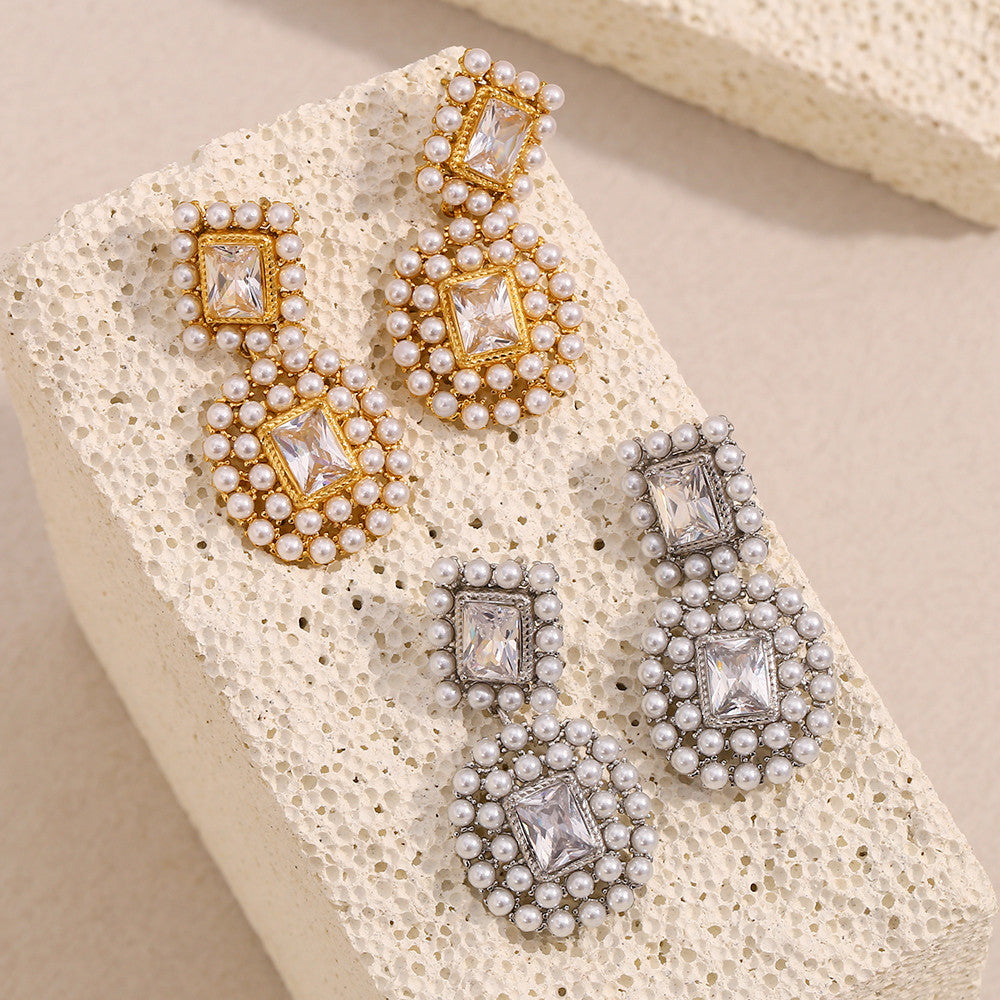 Ladies 18K Gold Waterproof Stainless Steel Luxury Square Zircon Full Pearl Stud Earrings