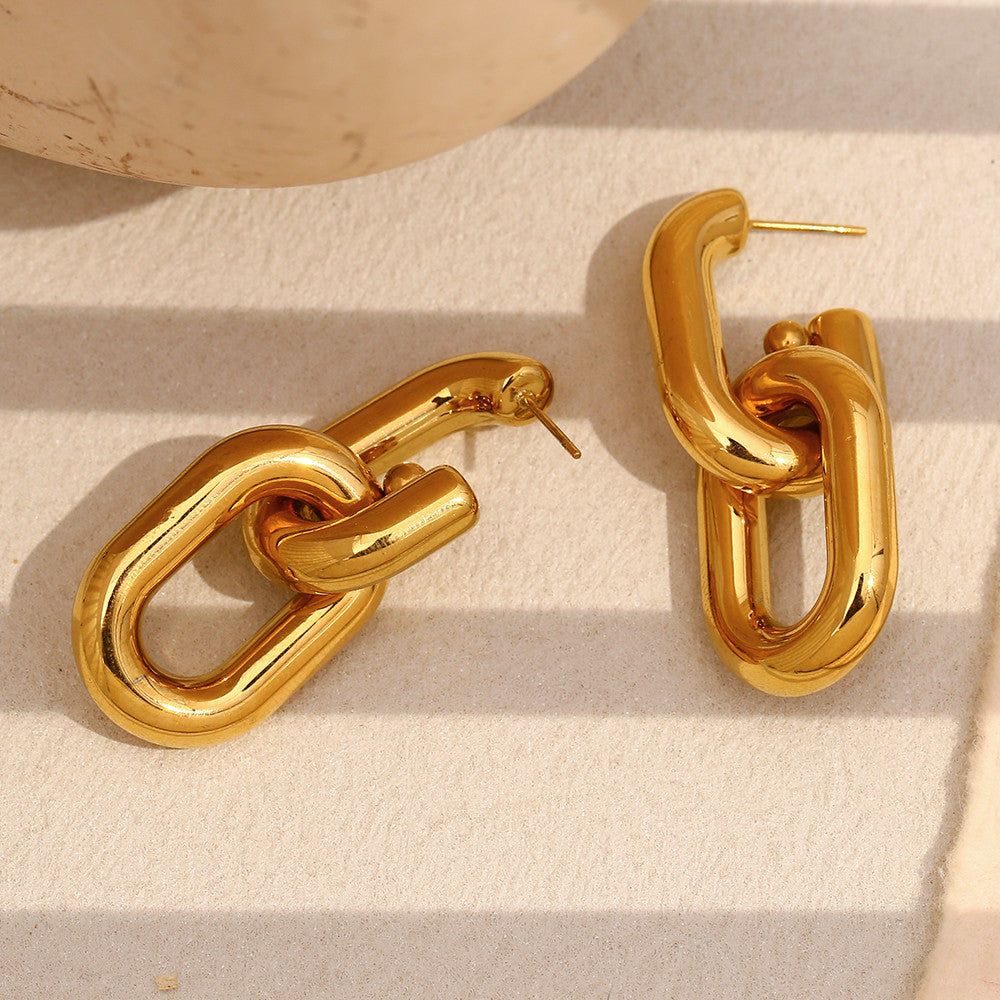 Ladies 18k Gold Stainless Steel Hollow Chain Link Dangle Waterproof Earrings