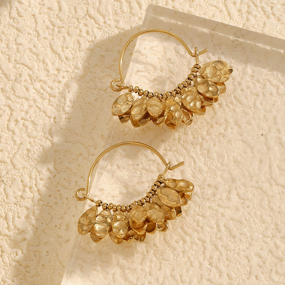 Stainless Steel 18k Gold Elegant Hammered Leaf Pattern Designer Style Earrings
