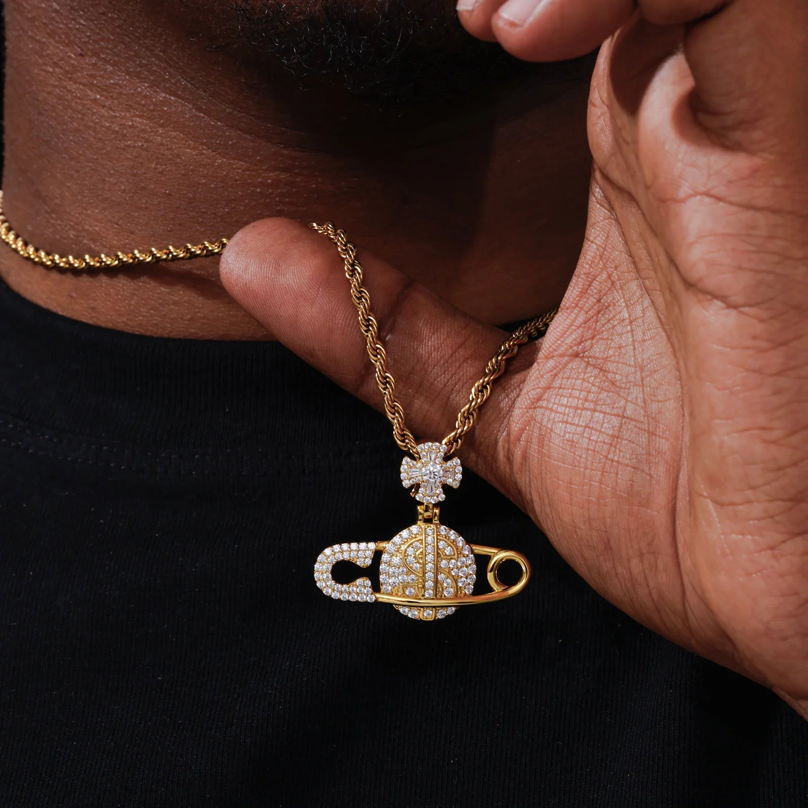 Secure The Bag ll | Iced Blinged Out Moissanite Diamond Safety Pin Money Bag Cross Pendant