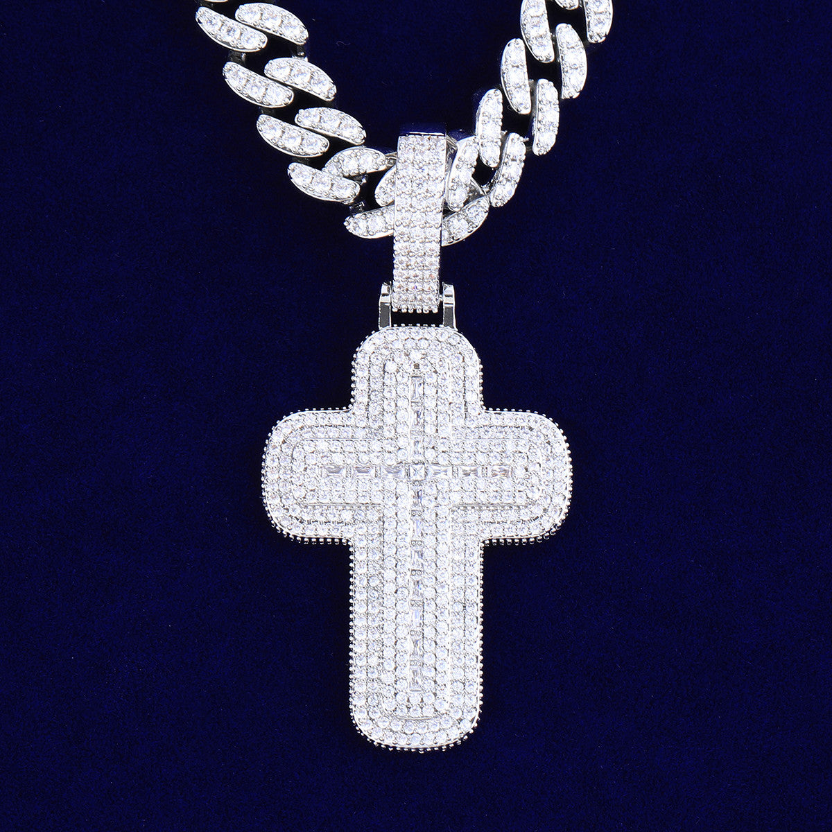 Two Layer Cross | VVS Diamond CZ Stone 24k 925 Silver Rose Gold Iced Baguette Cross Pendant