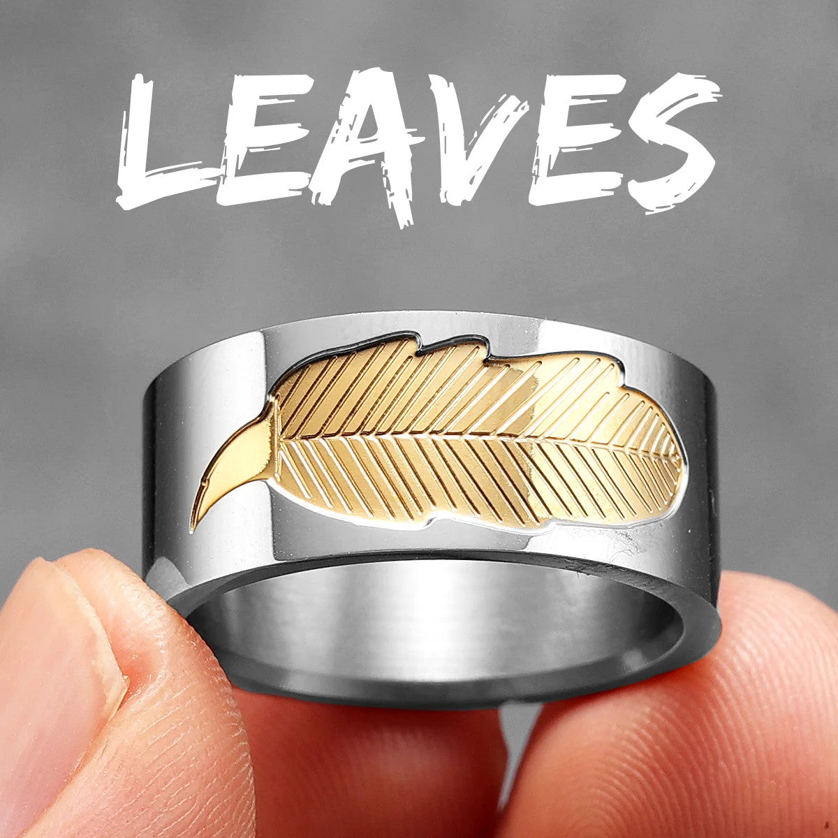 Fossil Leaf | 316L Solid Stainless Steel Gold Accented Luxury Designer Mens Rings