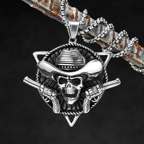 Mens Hip Hop 316L No Fade Stainless Steel Skull Cowboy Pendant Chain Necklace