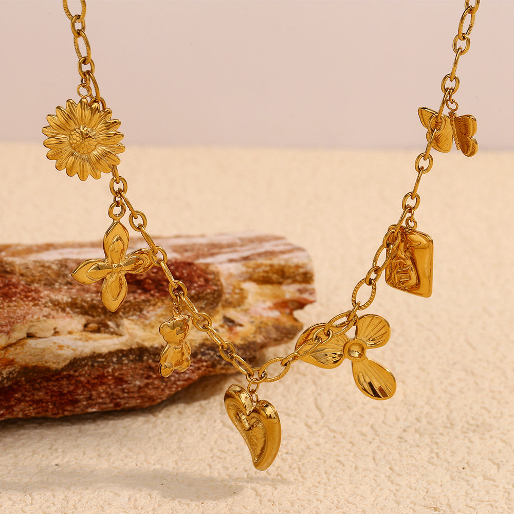 Ladies Stainless Steel Stylish 18k Gold Waterproof Choker Butterfly Flower Heart Necklace