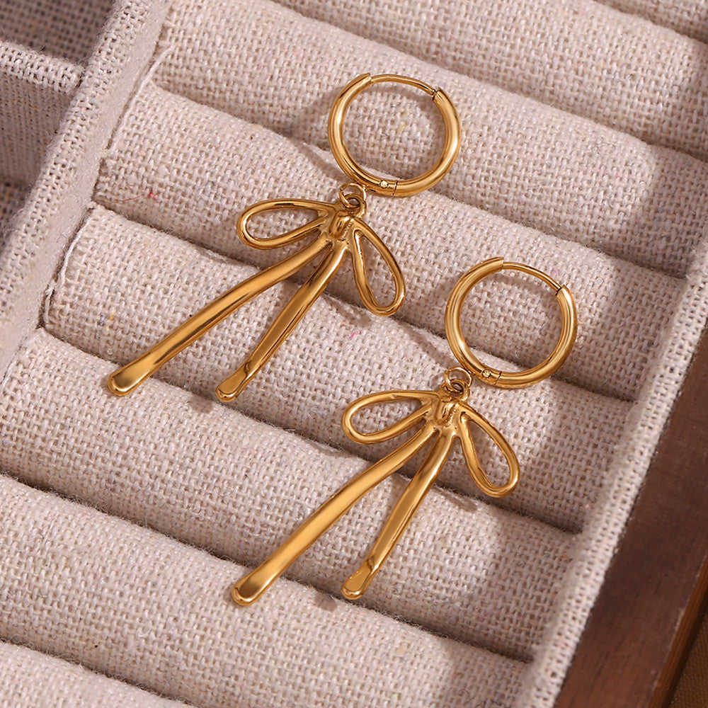Ladies Cute Long Bow 18k Gold No Fade Waterproof Tarnish Free Hoop Dangle Earrings