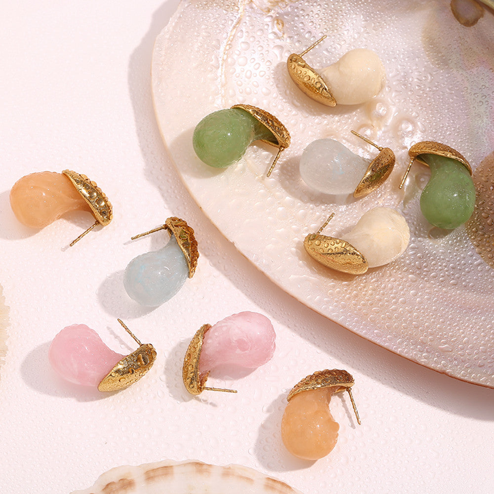 Ladies 18k Gold Waterproof Stainless Steel Summer Style Candy Colored Resin Drop Earrings