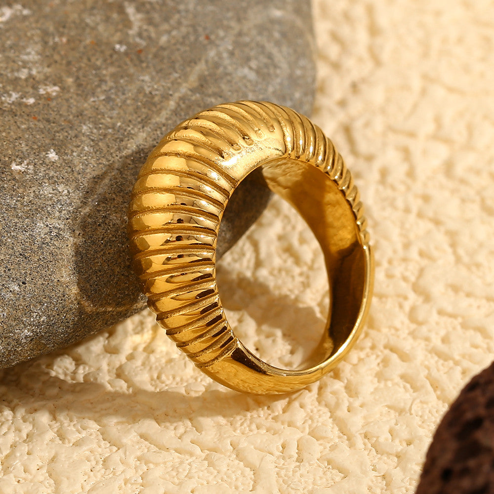 Women's Minimalist Style Thin Bread 18k Gold Waterproof Stainless Steel Ring