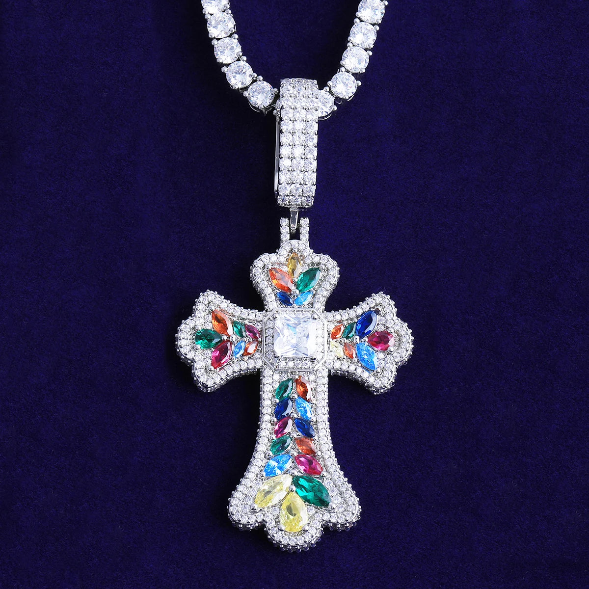 Technicolor Cross | 5AA+ VVS Diamond CZ Centerstone Iced Blinged Out Cross Pendant