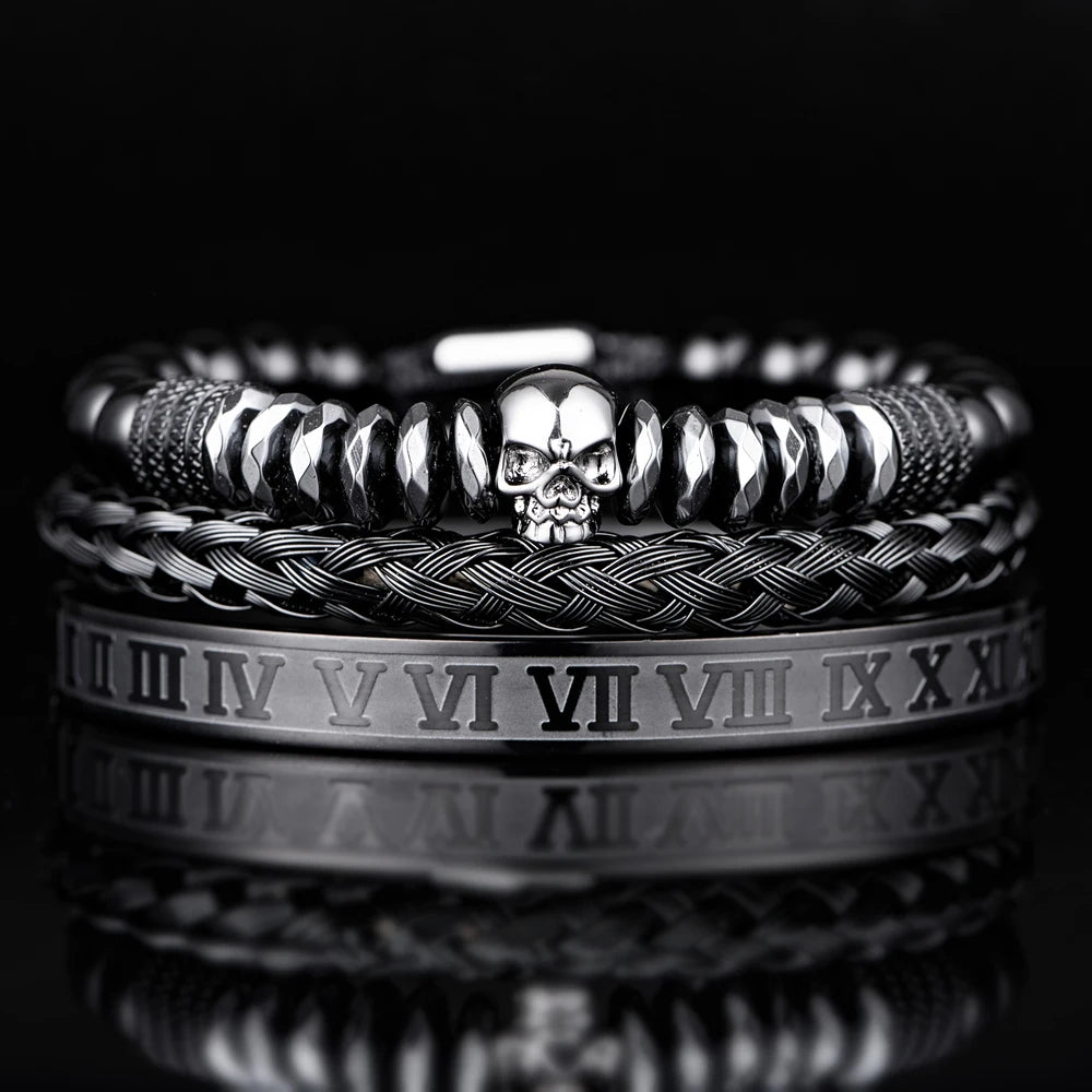 Men's Luxury Hematite Hand Made Bead 3 Piece Skull Head Hip Hop Luxury Bracelet Sets