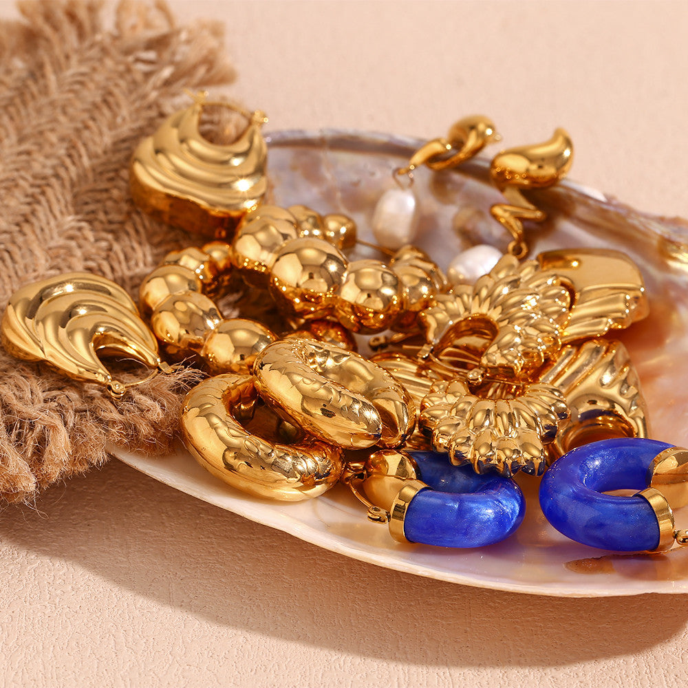 18k Gold Waterproof Irregular Snake Skin Pattern Spiral Flame Stainless Steel Earrings