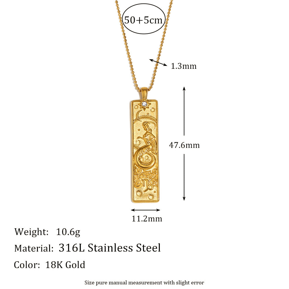 Ladies 18k Gold Waterproof Stainless Steel Rectangle Shape 12 Constellation Pendant Necklace