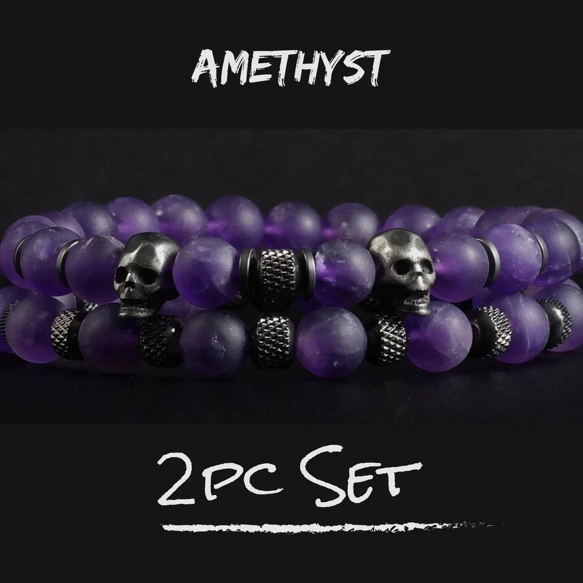 Skull Amethyst | Luxury 2pcs/Set Natural Amethyst Skull Beads Stretch Adjustable Bracelet