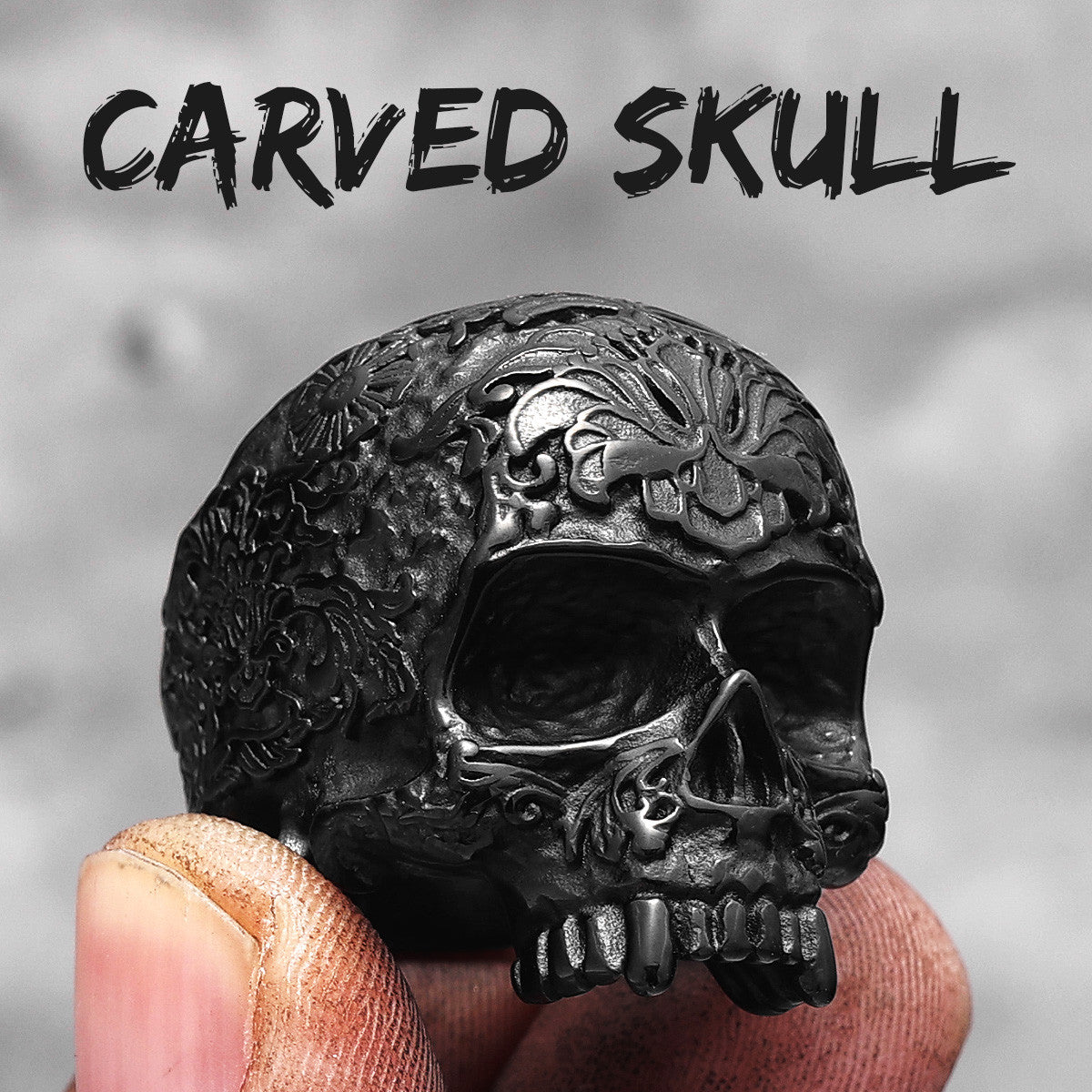 Mens Vintage Vampire 316L Stainless Steel Street Wear Carved Skull Rings