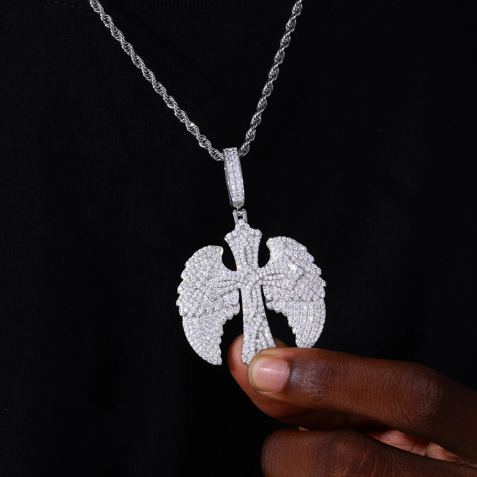 Wings Of Love | Iced Blinged Out 925 Sterling Silver Winged Cross Hip Hop Moissanite Pendant