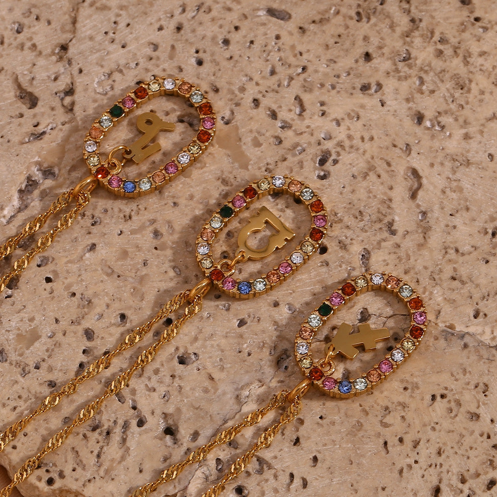 18k Gold Stainless Steel Colorful CZ Hollow Oval Zodiac Sign Pendant Necklaces