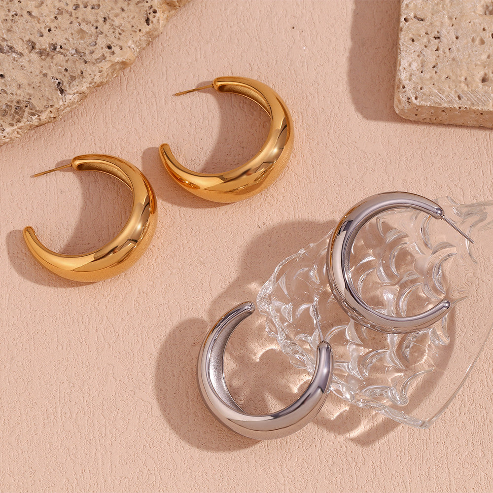 Solid Stainless Steel Silver 18k God Crescent Moon 42mm Large Hoop Earrings