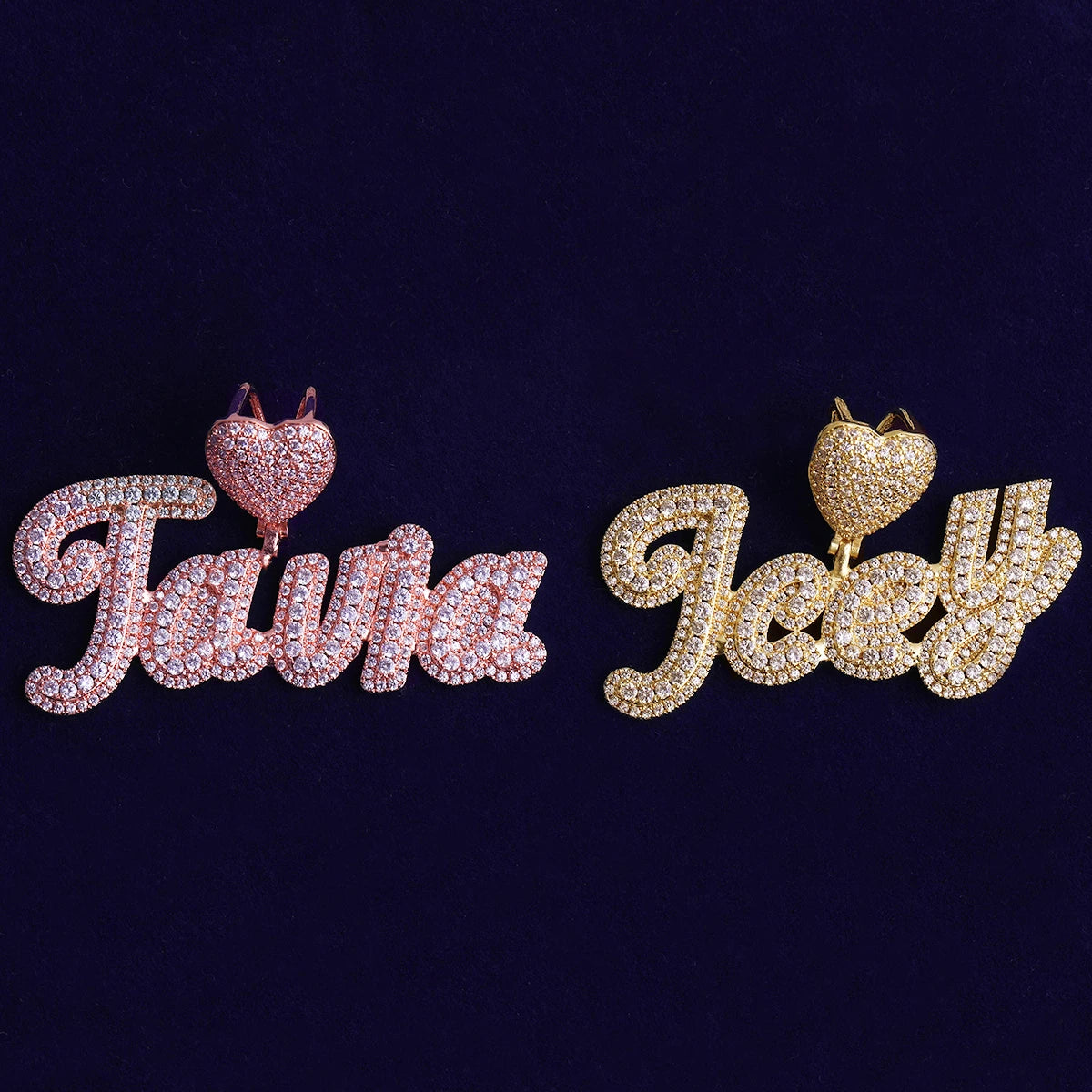 Heart Bail | VVS Diamond CZ Cluster Stone 24k 925 Silver Rose Gold Script Name Plate Pendant