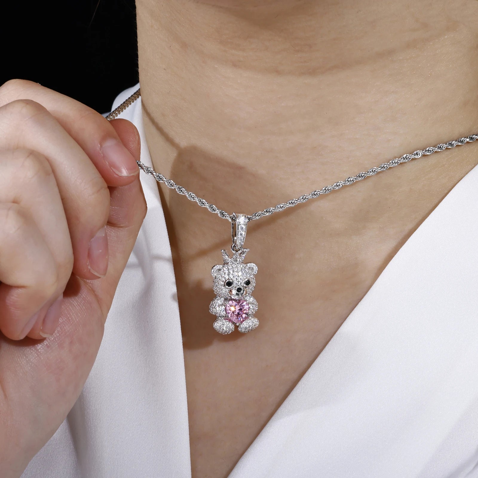 Queenie | Solid 925 Sterling Silver Moissanite Diamond Sparkling Cute Teddy Bear Necklace