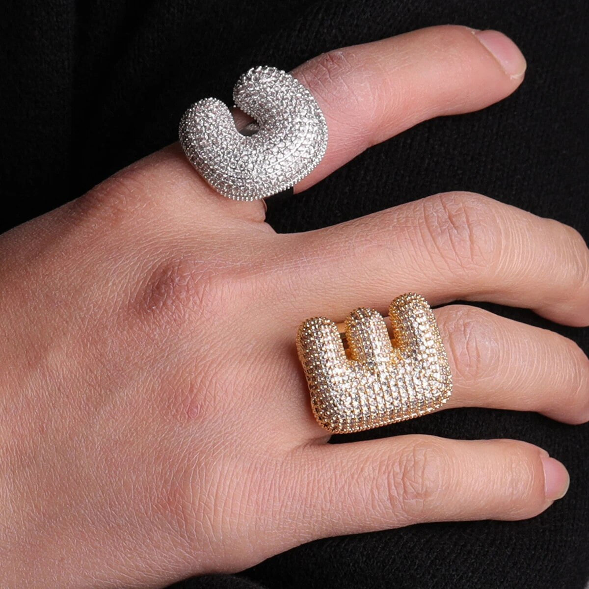 18k Gold .925 Silver Rose Gold Bubble Letter AAA Flooded Ice Hip Hop Rings
