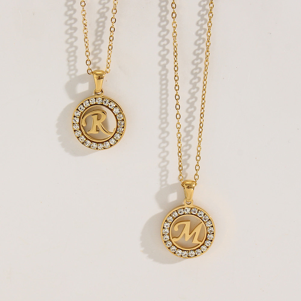 18k Gold Waterproof Hollow Round CZ Paved 26 Alphabet Initial Necklace