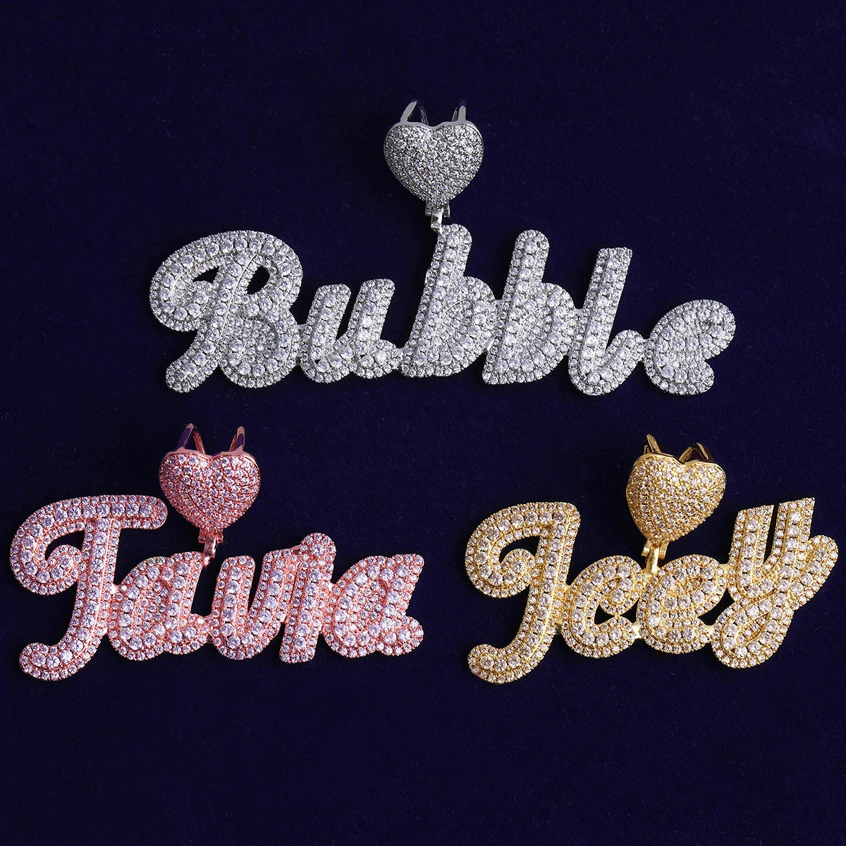 Heart Bail | VVS Diamond CZ Cluster Stone 24k 925 Silver Rose Gold Script Name Plate Pendant