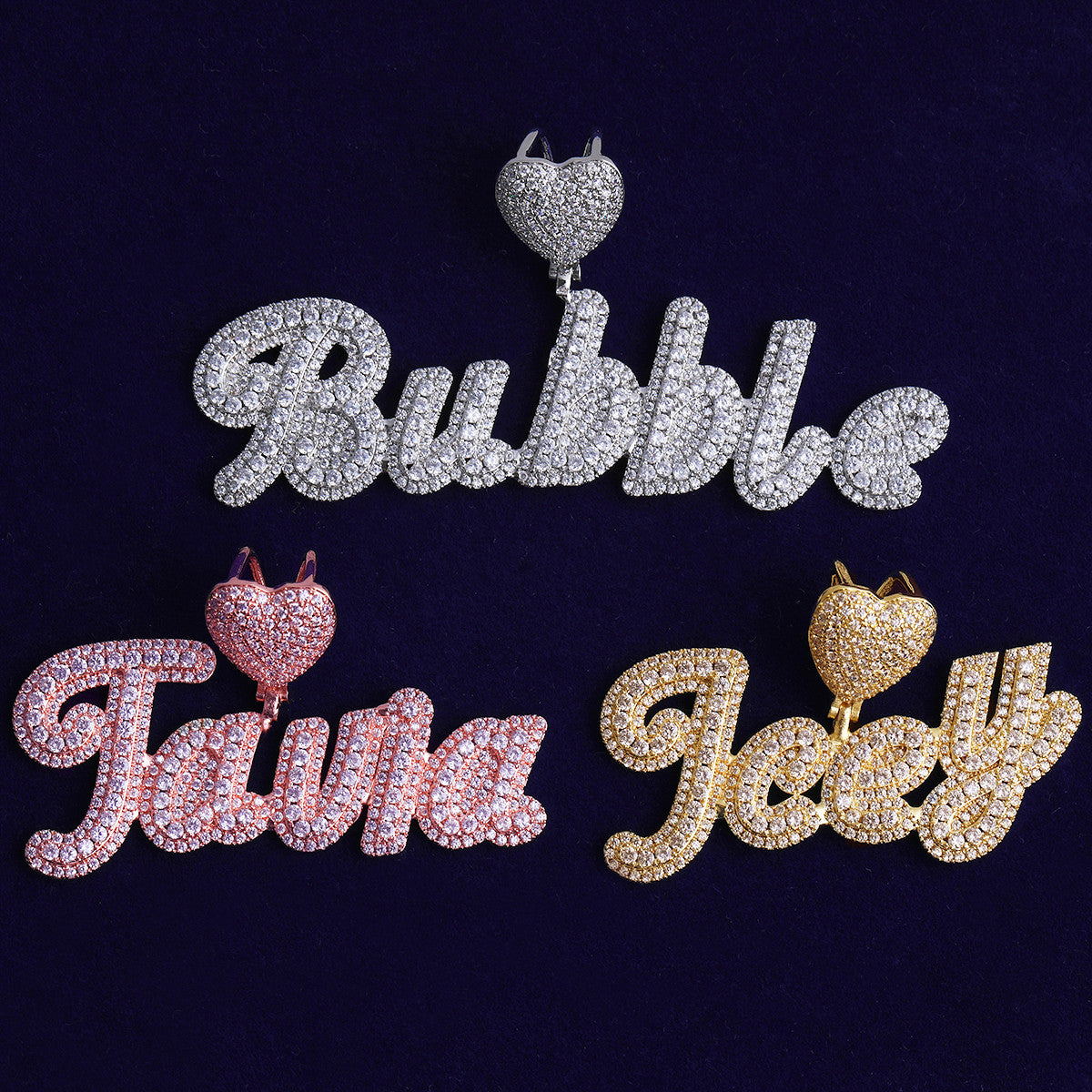 Heart Bail | VVS Diamond CZ Cluster Stone 24k 925 Silver Rose Gold Script Name Plate Pendant