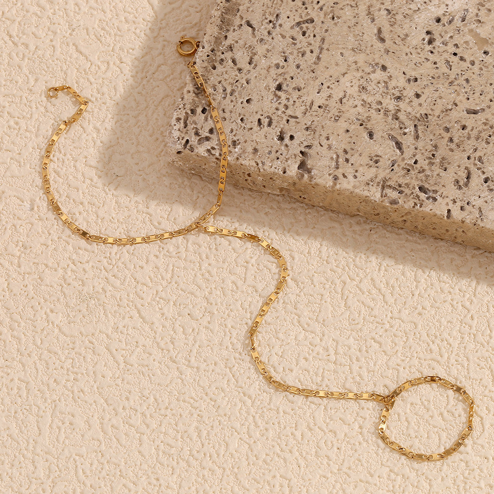 Ladies Waterproof Stainless Steel 18K Gold Plated Hand Chain Finger Ring Bracelet