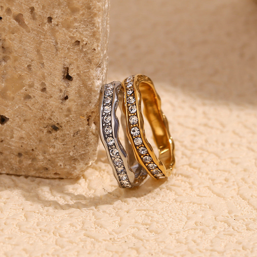 Women's  Irregular Wave Pattern CZ Stone 18k Gold Silver No Fade Waterproof Rings