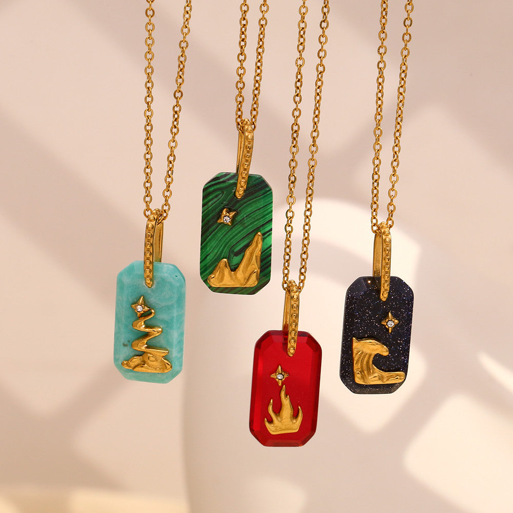 Ladies 18k Gold Stainless Steel Colorful Rectangle Star Lion Pendant No Fade Necklace