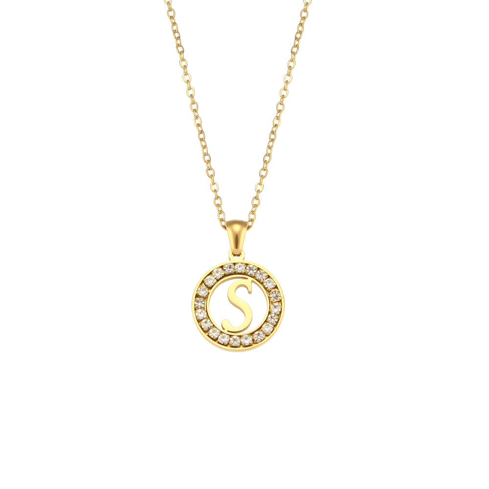 18k Gold Waterproof Hollow Round CZ Paved 26 Alphabet Initial Necklace