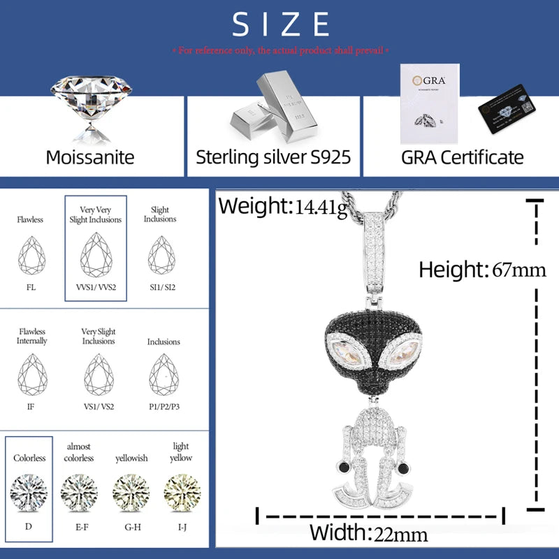 I Am A Martian | VVS Diamond CZ Alien Iced Bling Out Moissanite Solid 925 Silver Pendant