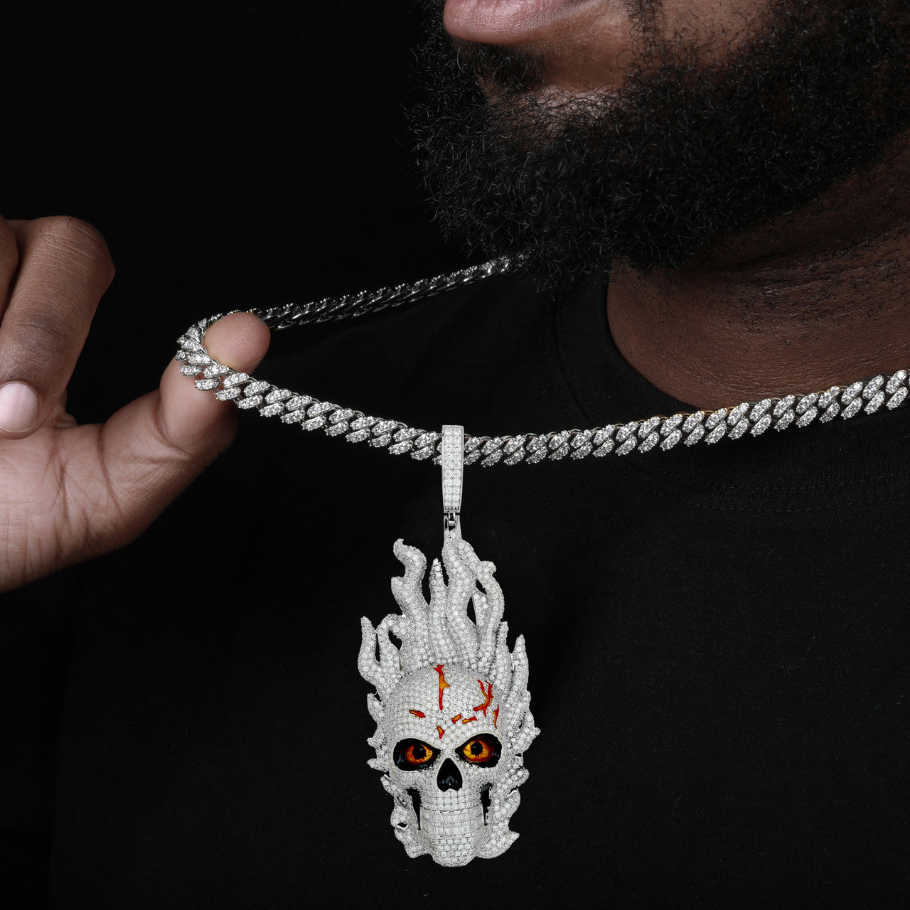 Fire Skull | Solid Sterling Silver VVS Diamond Moissante Hip Hop Pendant