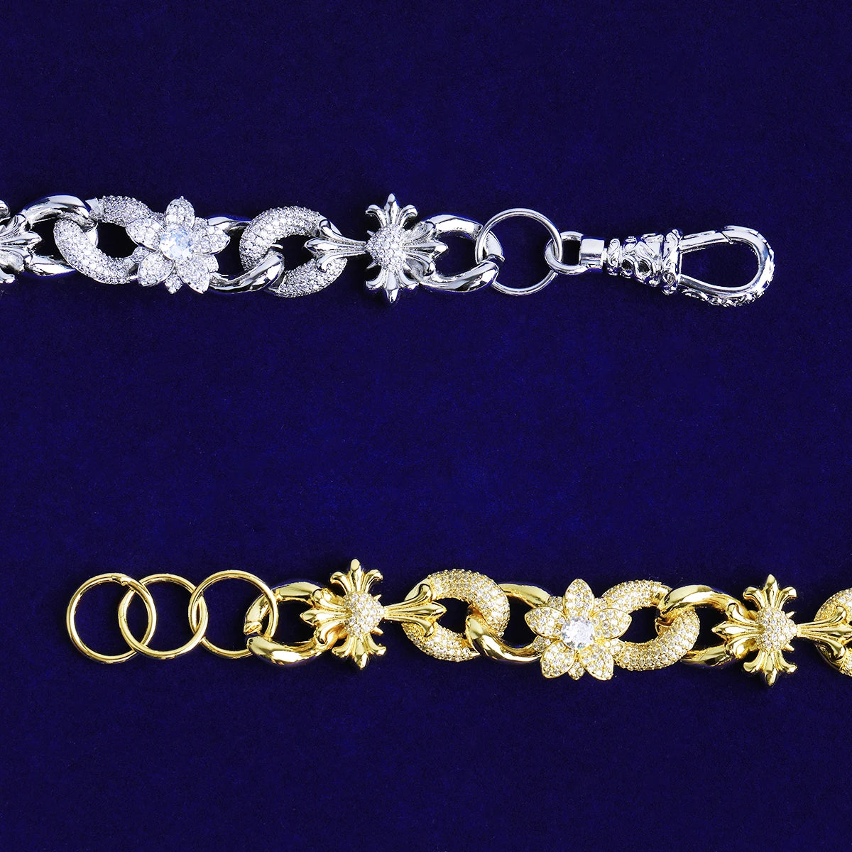 Fleur De Lis Cross | VVS Diamond CZ Flower Cross Hip Hop Cuban Link Bracelet