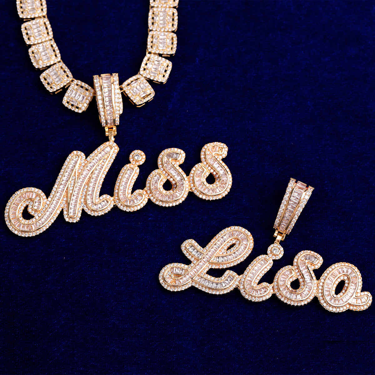Candy Elegance | Colorful VVS Diamond CZ Baguette Custom Script Bling Necklace