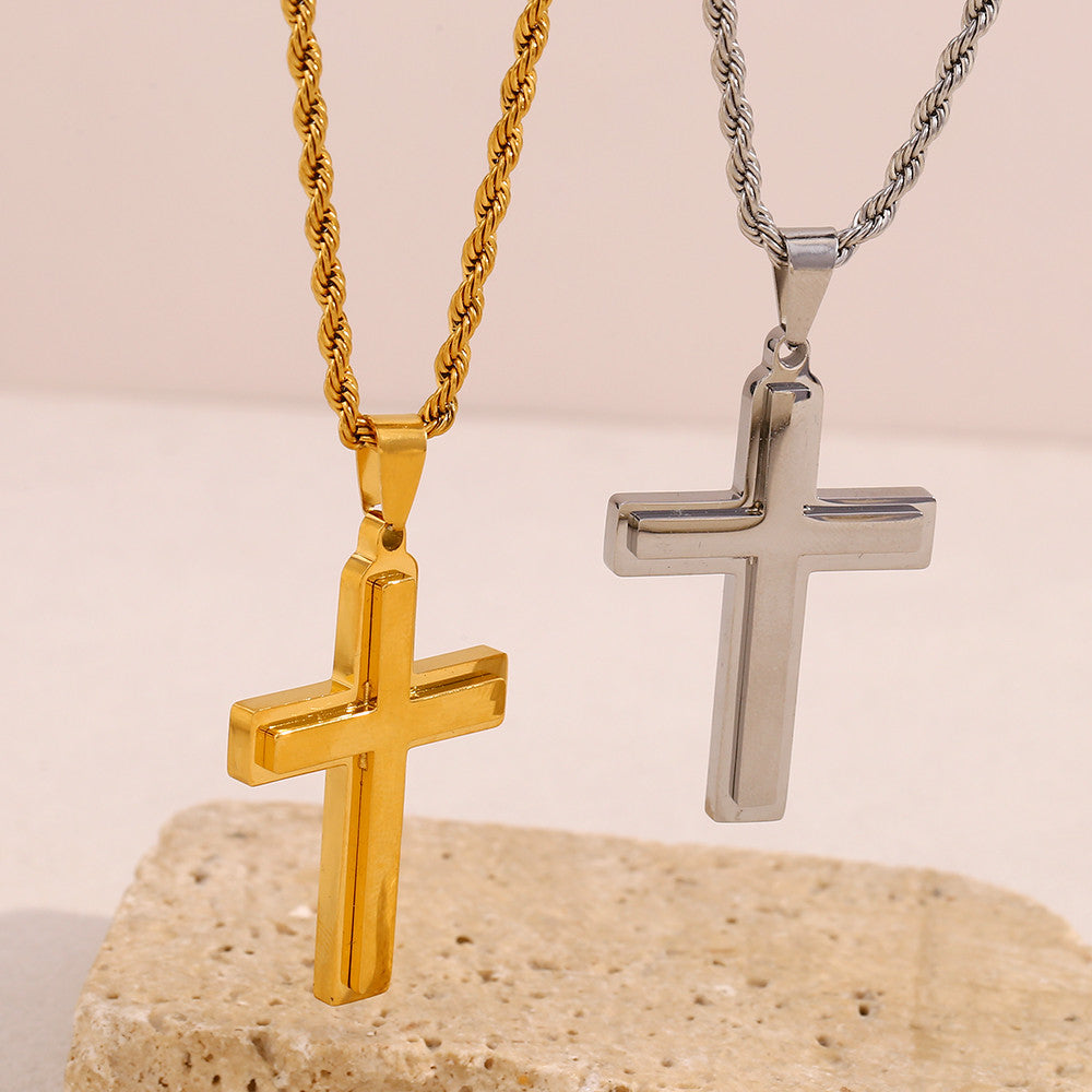 Waterproof Smooth Double Cross 18k Gold Silver Stainless Steel Rope Chain Pendant