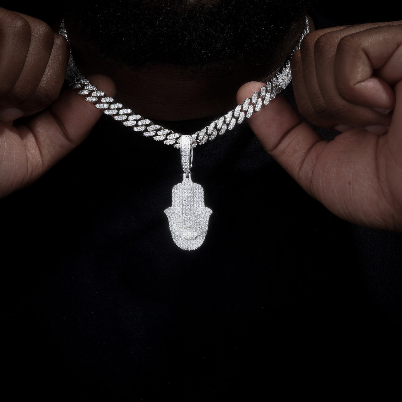 Eye Of Fatima | Solid Sterling Silver Moissanite Diamond Hamsa Hand Iced Blinged Out Pendant